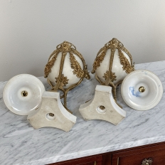 Pair Antique Carrara Marble and Bronze D'Or Cassolettes ~ Mantel Urns