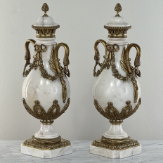 Pair Antique French Empire Cararra Marble and Bronze Cassolettes ~ Mantel Urns