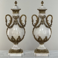 Pair Antique French Empire Cararra Marble and Bronze Cassolettes ~ Mantel Urns