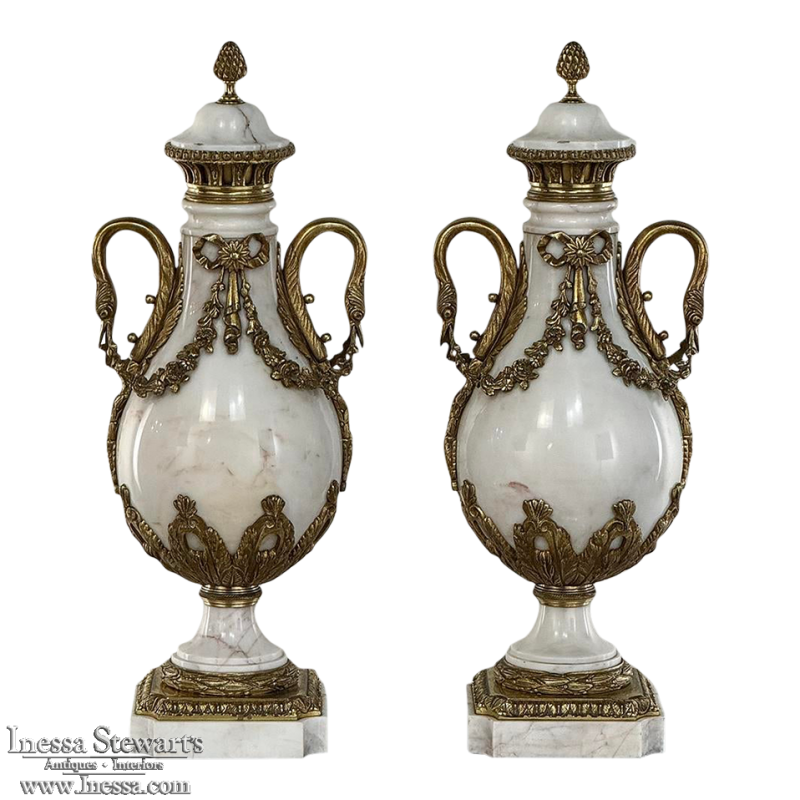 Pair Antique French Empire Cararra Marble and Bronze Cassolettes ~ Mantel Urns