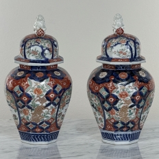 Pair 19th Century Meiji Period Japanese Imari Lidded Urns