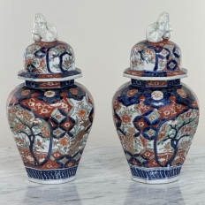 Pair 19th Century Meiji Period Japanese Imari Lidded Urns