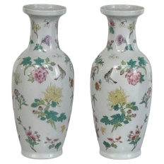 Pair Antique Chinese Hand-Painted Porcelain Bud Vases