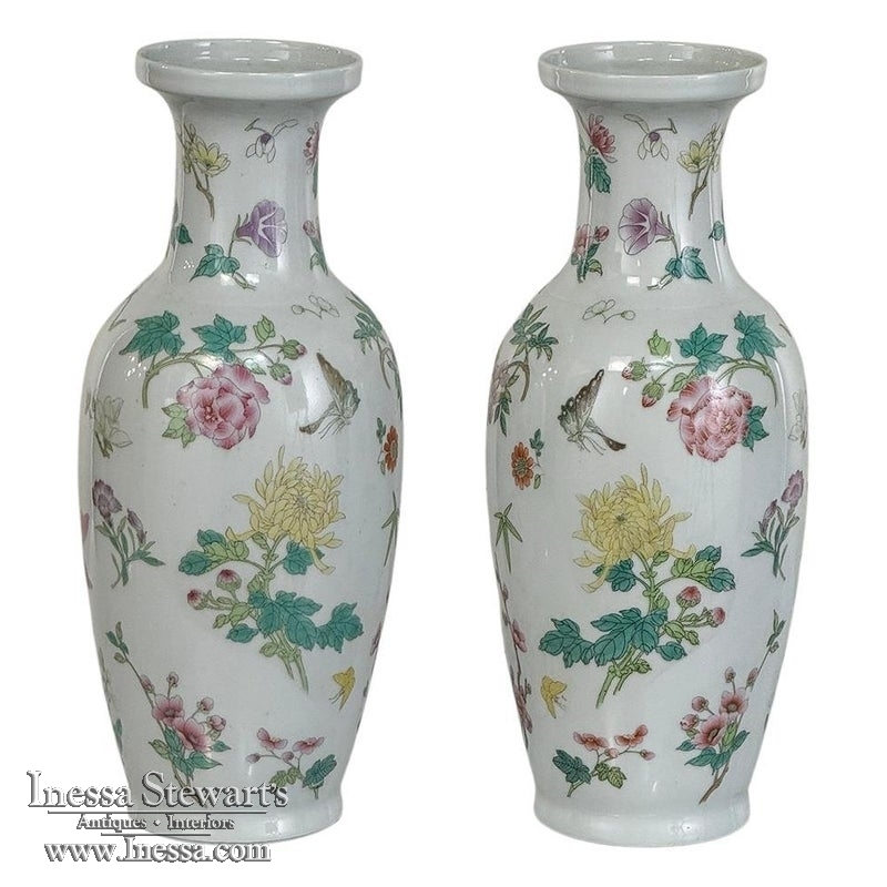 Pair Antique Chinese Hand-Painted Porcelain Bud Vases