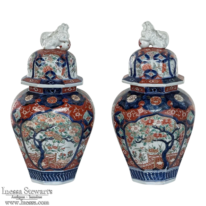 Pair 19th Century Meiji Period Japanese Imari Lidded Urns