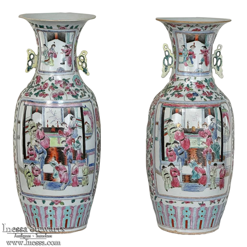 Pair 19th Century Hand-Painted Chinese Vases