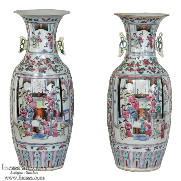 Pair 19th Century Hand-Painted Chinese Vases