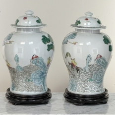 Pair Antique Chinese Porcelain Lidded Urns with Wood Bases