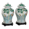 Pair Antique Chinese Porcelain Lidded Urns with Wood Bases