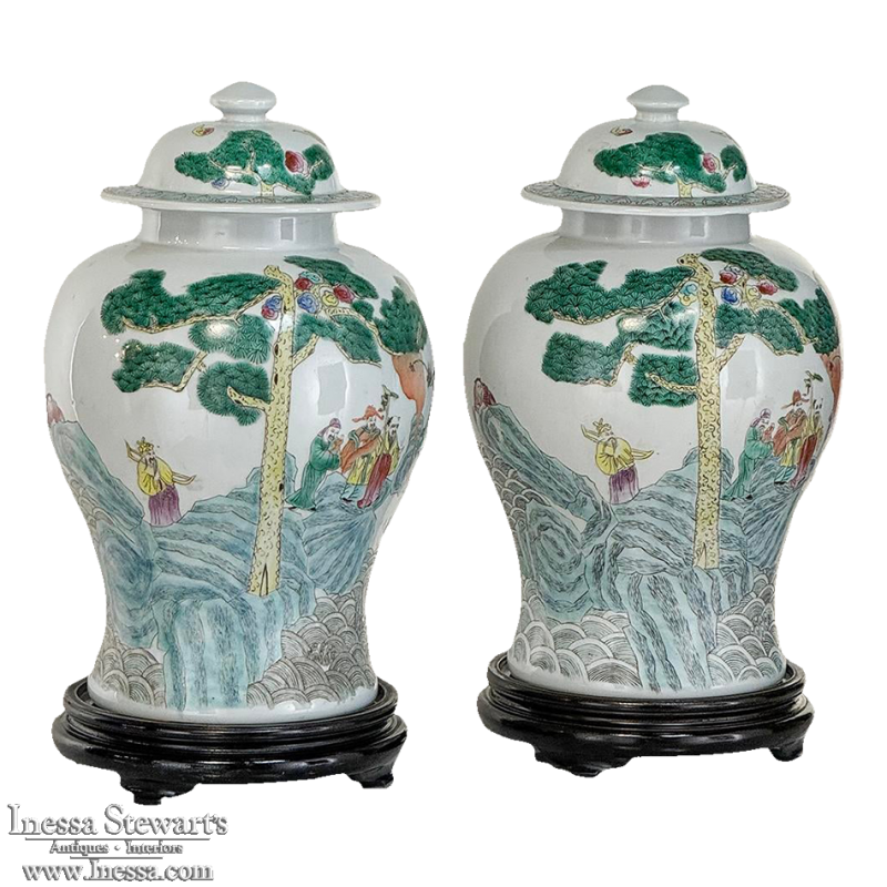 Pair Antique Chinese Porcelain Lidded Urns with Wood Bases