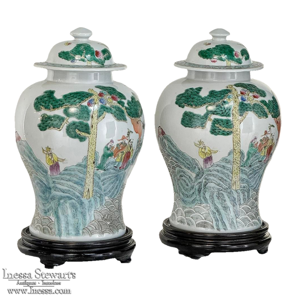 Pair Antique Chinese Porcelain Lidded Urns with Wood Bases