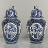 Pair Antique Blue & White Delft Lidded Urns by Boch of Belgium