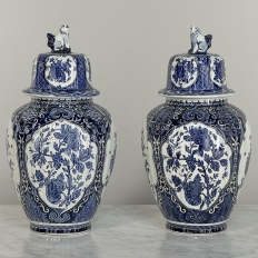 Pair Antique Blue & White Delft Lidded Urns by Boch of Belgium