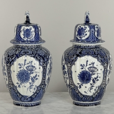 Pair Antique Blue & White Delft Lidded Urns by Boch of Belgium