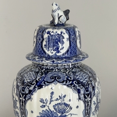 Pair Antique Blue & White Delft Lidded Urns by Boch of Belgium