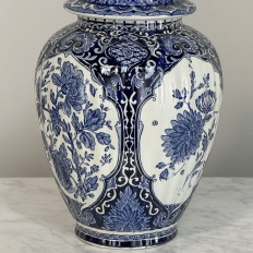 Pair Antique Blue & White Delft Lidded Urns by Boch of Belgium