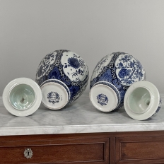 Pair Antique Blue & White Delft Lidded Urns by Boch of Belgium