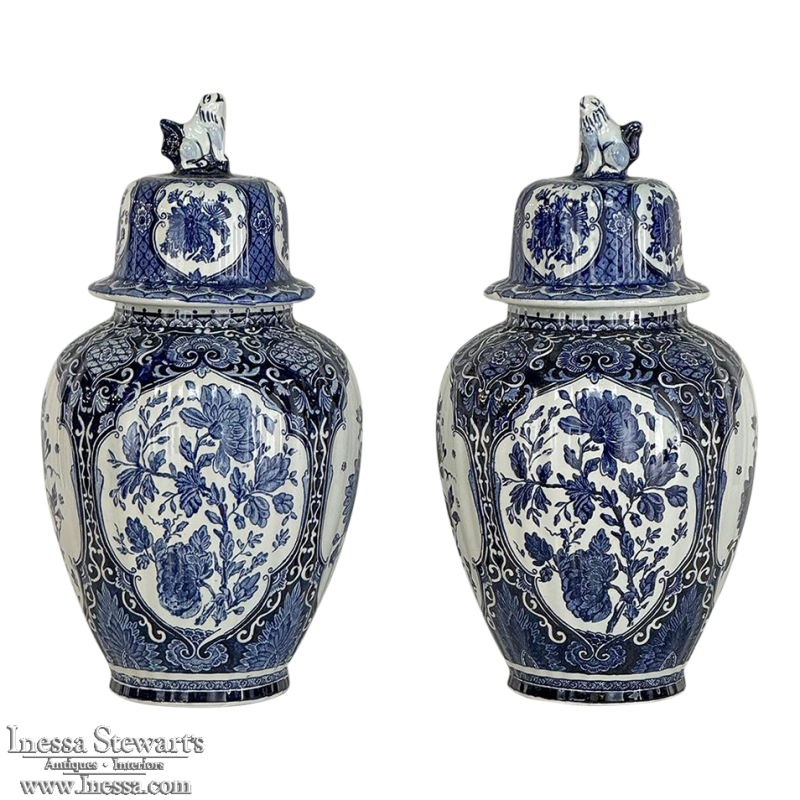 Pair Antique Blue & White Delft Lidded Urns by Boch of Belgium