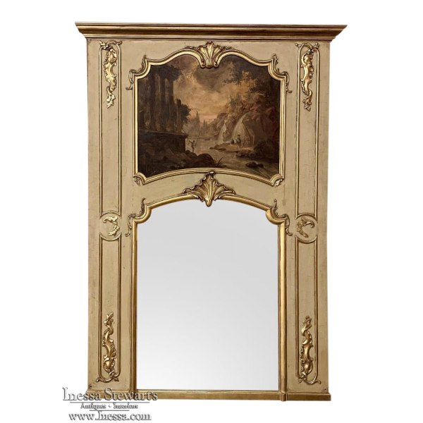 19th Century French Louis XIV Painted and Gilded Trumeau Mirror