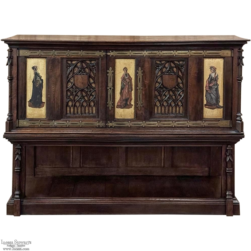 19th Century Italian Gothic Walnut Raised Buffet with Painted Panels