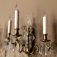 Pair Solid Brass & Crystal French Style Wall Sconces