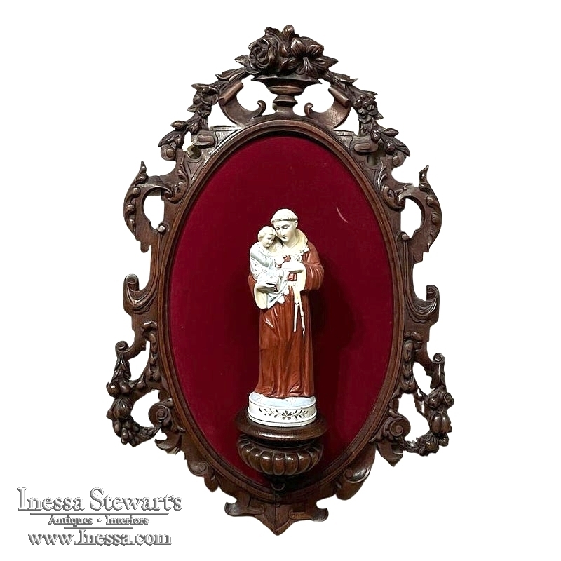 19th Century Black Forest Wall Shrine with Porcelain St. Anthony of Padua & Jesus