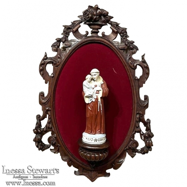 19th Century Black Forest Wall Shrine with Porcelain St. Anthony of Padua & Jesus