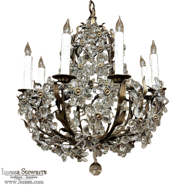 Mid-Century Italian Brass & Crystal Flower Chandelier