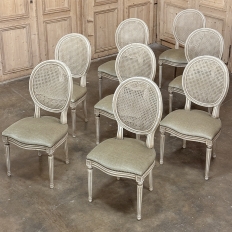 Set of 8 Antique French Louis XVI Painted Dining Chairs with Mohair & Cane