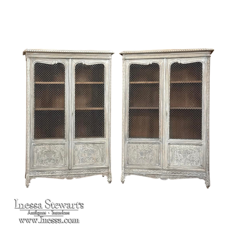 Pair 19th Century Country French Louis XVI Whitewashed Bookcases