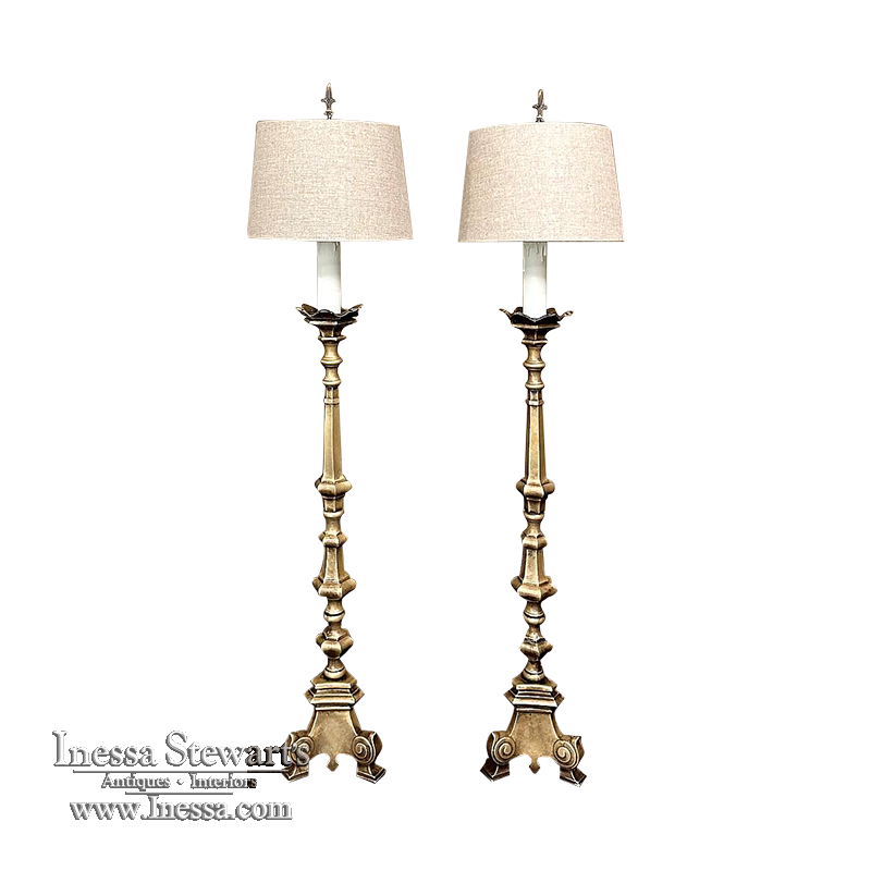 Pair 19th Century Bronze Candlestick Floor Lamps