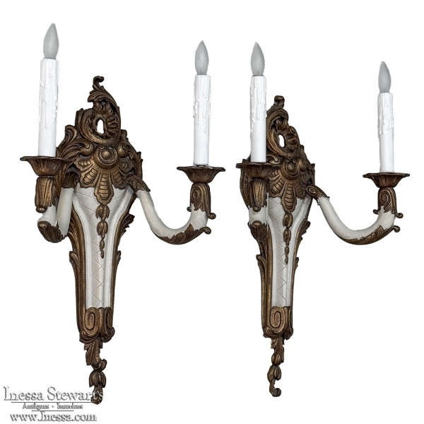 Pair Antique French Louis XV Painted Wall Sconces