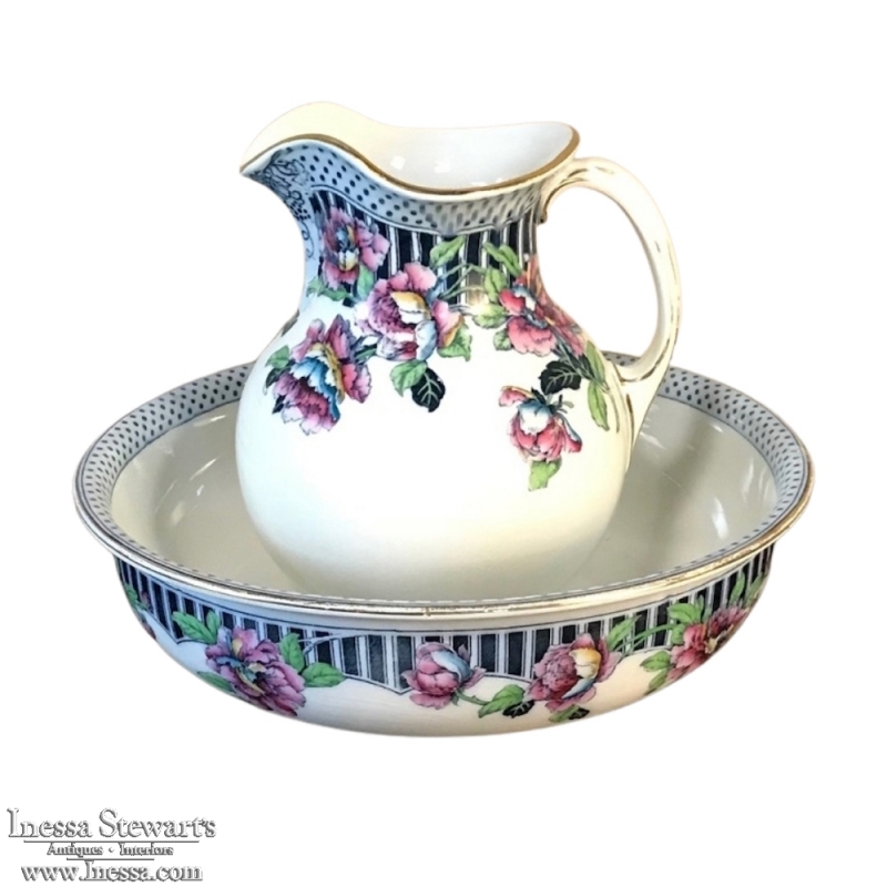 Antique English Transferware Washstand Pitcher & Bowl ca. 1900