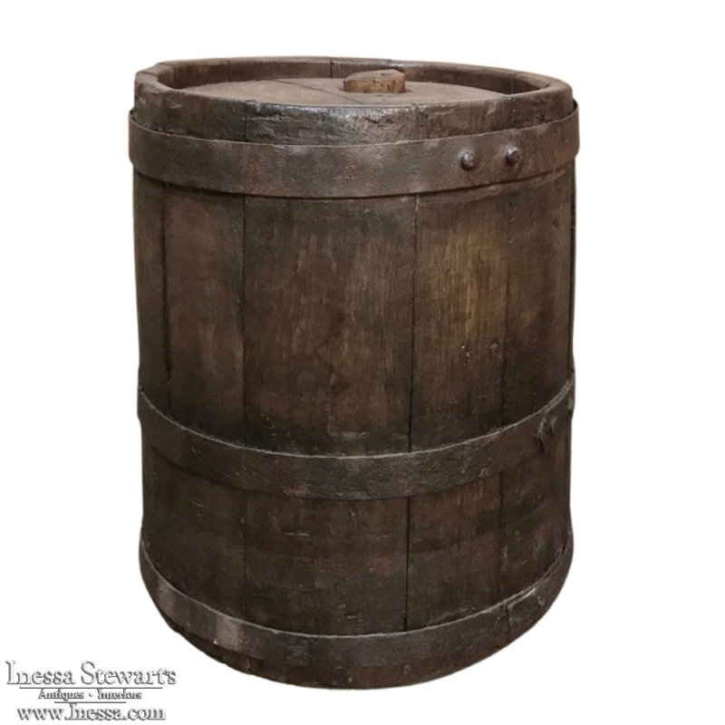 19th Century French Banded Oak Stave Barrel