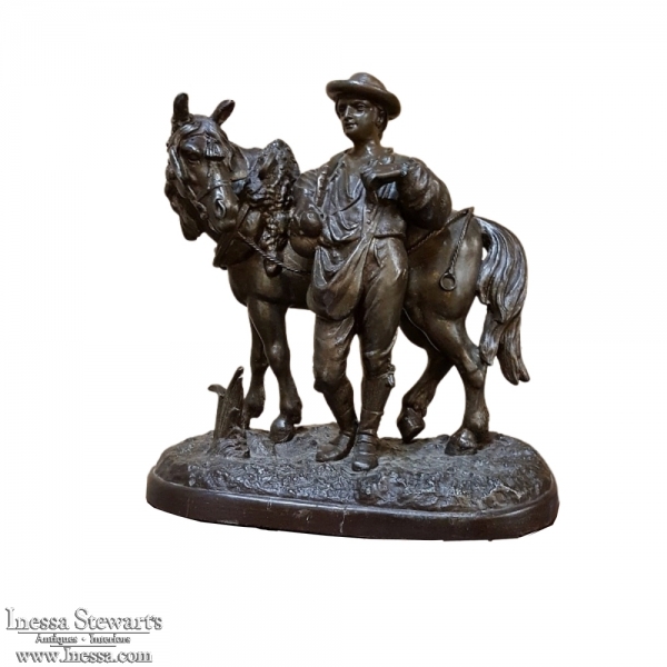 19th Century Country French Spelter Statue of Horse & Rider