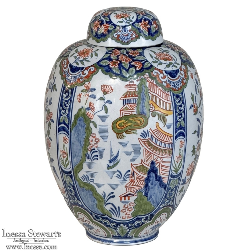 19th Century Oriental Style Delft Vase with Lid