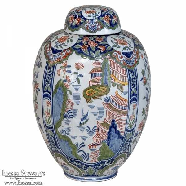 19th Century Oriental Style Delft Vase with Lid