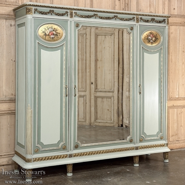 Antique Italian Neoclassical Painted Triple Armoire