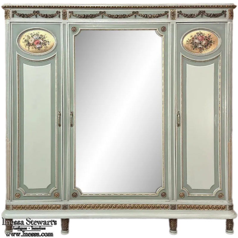 Antique Italian Neoclassical Painted Triple Armoire