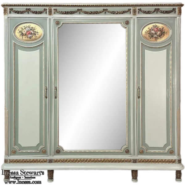 Antique Italian Neoclassical Painted Triple Armoire