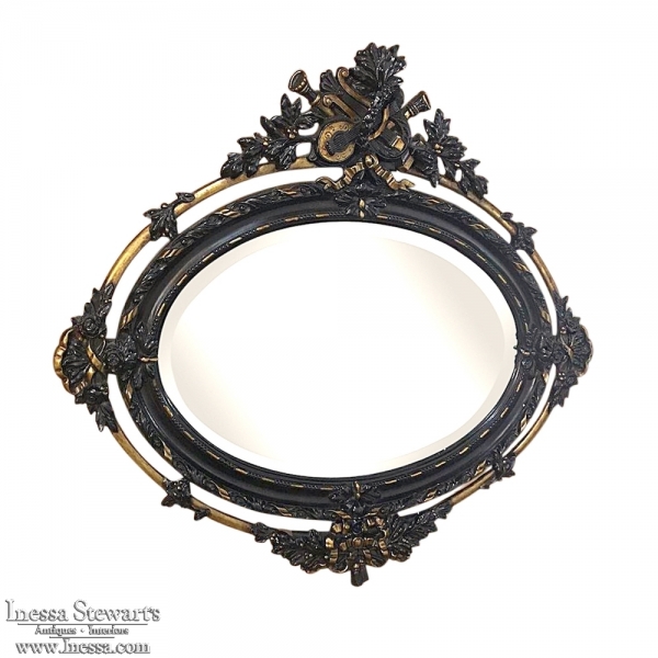 Antique French 19th Century Louis XVI Black and Gold Oval Mirror