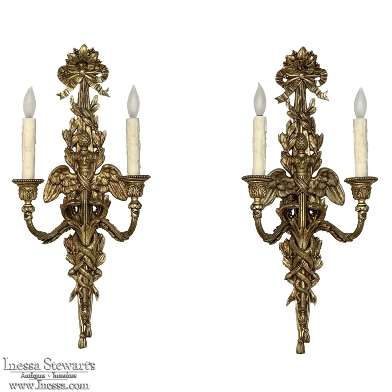 Pair Antique French Louis XVI Bronze Wall Sconces