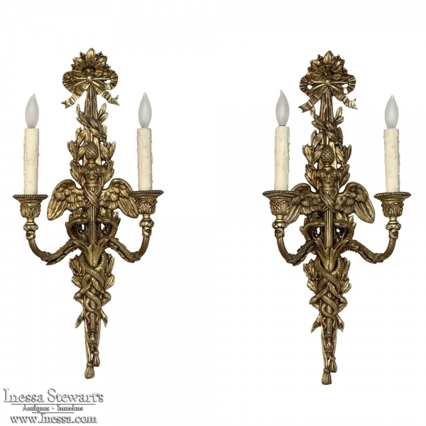 Pair Antique French Louis XVI Bronze Wall Sconces