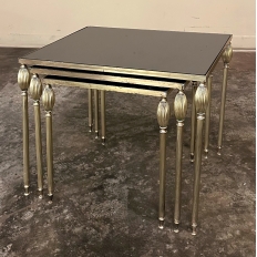 Mid-Century French Smoked Glass Brass Nesting Tables