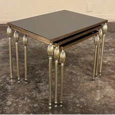 Mid-Century French Smoked Glass Brass Nesting Tables