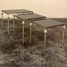 Mid-Century French Smoked Glass Brass Nesting Tables