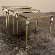 Mid-Century French Smoked Glass Brass Nesting Tables