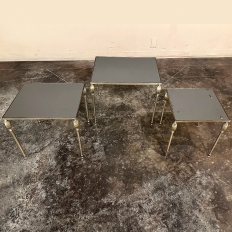 Mid-Century French Smoked Glass Brass Nesting Tables