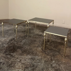 Mid-Century French Smoked Glass Brass Nesting Tables