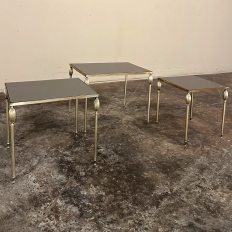 Mid-Century French Smoked Glass Brass Nesting Tables